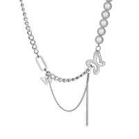 Titanium Steel Necklace, with Plastic Pearl, Vacuum Ion Plating, different size for choice & for woman, original color, Sold By PC