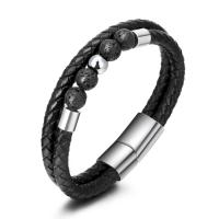 Cowhide Bracelet, Titanium Steel, with Natural Stone & Cowhide, stoving varnish, Double Layer & braided bracelet & different materials for choice & for man, black, 210mm, Sold By PC