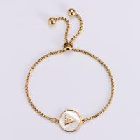 Stainless Steel Jewelry Bracelet, 304 Stainless Steel, with White Shell, Flat Round, 18K gold plated, different styles for choice & with letter pattern & for woman, 16mm, Length:Approx 10.2 Inch, Sold By PC