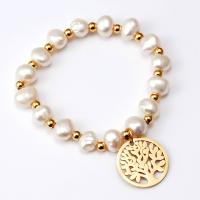 Bracelet en perles de culture d'eau douce, acier inoxydable 316L, avec perle d'eau douce cultivée, Plaqué d'or 18K, pour femme & avec strass & creux, plus de couleurs à choisir, Longueur:Environ 6.5 pouce, Vendu par PC