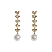 Tibetan Style Drop Earrings, with Plastic Pearl, Heart, gold color plated, fashion jewelry & for woman & with rhinestone, nickel, lead & cadmium free, 59x12mm, Sold By Pair