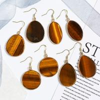 Natural Gemstone Earrings, Tiger Eye, with Brass, gold color plated, different styles for choice & for woman, more colors for choice, 19x3.20x35mm, Sold By Pair