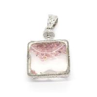 Biżuteria wisiorki kamienie, Szkło, ze Chipsy Gemstone & Mosiądz, Placu, Platerowane w kolorze srebra, dla obu płci, różowy, 29x40mm, sprzedane przez PC