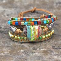 Gemstone Bracelets Impression Jasper with PU Leather Cord & Zinc Alloy gold color plated multilayer & for woman rainbow colors Length 19.69 Inch Sold By PC