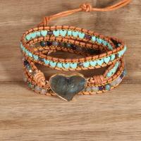 Gemstone Bracelets Labradorite with PU Leather Cord & Turquoise & Zinc Alloy Heart gold color plated multilayer & Bohemian style & for woman mixed colors Length 19.69 Inch Sold By PC