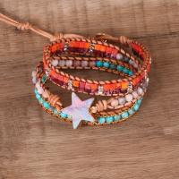 Gemstone Bracelets, Impression Jasper, with PU Leather Cord & Tibetan Style, Star, gold color plated, multilayer & Bohemian style & for woman, mixed colors, Length:19.69 Inch, Sold By PC