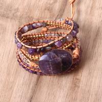Quartz Bracelets, Amethyst, with PU Leather Cord & Non Magnetic Hematite & Tibetan Style, Ellipse, gold color plated, multilayer & Bohemian style & for woman, purple, Length:31.5 Inch, Sold By PC