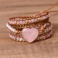 Quartz Bracelets, Rose Quartz, with PU Leather Cord & Crystal & Tibetan Style, Heart, gold color plated, multilayer & Bohemian style & for woman, more colors for choice, Length:31.5 Inch, Sold By PC