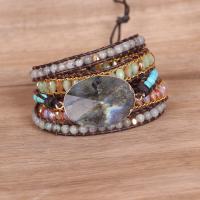 Gemstone Bracelets, Labradorite, with PU Leather Cord & Crystal & Tibetan Style, Ellipse, plated, multilayer & Bohemian style & for woman, mixed colors, Length:31.5 Inch, Sold By PC