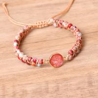 Gemstone Bracelets, Impression Jasper, with Polyester Cord & Resin & Tibetan Style, Round, gold color plated, Double Layer & adjustable & for woman, red, Length:7.1 Inch, Sold By PC