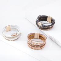 PU Leather Cord Bracelets with Shell & Zinc Alloy fashion jewelry & multilayer & for woman & with rhinestone 20mm 24mm Length Approx 7.6 Inch Sold By PC