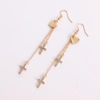 Zinc Alloy Drop Earrings Cross gold color plated fashion jewelry & for woman & with rhinestone golden nickel lead & cadmium free 10mm 16mm 110mm Sold By Pair