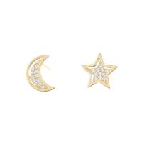 Asymmetric Earrings, 925 Sterling Silver, Moon and Star, 18K gold plated, micro pave cubic zirconia & for woman, 7x10.50mm, Sold By Pair