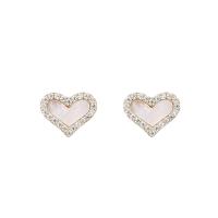 Cubic Zirconia Micro Pave Sterling Silver Earring, 925 Sterling Silver, with Shell, Heart, 18K gold plated, micro pave cubic zirconia & for woman, 7.50x9mm, Sold By Pair