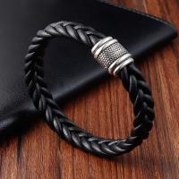 PU Leather Cord Bracelets, Titanium Steel, with PU Leather, polished, dyed & braided bracelet & for man, black, Length:Approx 8.26 Inch, Sold By PC