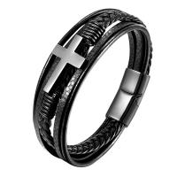 PU Leather Cord Bracelets Titanium Steel with PU Leather polished multilayer & dyed & for man black Sold By PC