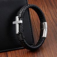 PU Leather Cord Bracelets Titanium Steel with PU Leather polished dyed & for man black Length Approx 8.26 Inch Sold By PC