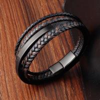 PU Leather Cord Bracelets, Titanium Steel, with PU Leather, polished, multilayer & dyed & for man, black, Length:Approx 8.26 Inch, Sold By PC