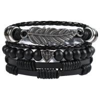 Cowhide Bracelet, with PU Leather & Tibetan Style, Adjustable & three pieces & fashion jewelry & Unisex, black, Length:Approx 17-18 cm, Sold By Set