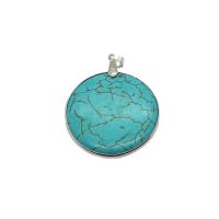 Gemstone Pendants Jewelry, Blue Turquoise, with Brass, Flat Round, silver color plated, Unisex, blue, 40mm, Sold By PC
