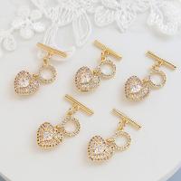 Brass Toggle Clasp, Heart, gold color plated, DIY & micro pave cubic zirconia, golden, nickel, lead & cadmium free, 16x30mm, Sold By PC