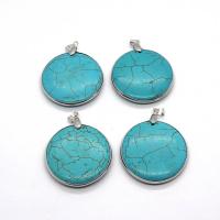 Gemstone Pendants Jewelry, Turquoise, with Brass, Round, silver color plated, DIY, 40mm, Sold By PC