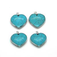 Gemstone Pendants Jewelry Turquoise with Brass Heart silver color plated DIY 40mm Sold By PC