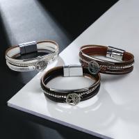 PU Leather Cord Bracelets with Zinc Alloy multilayer & for woman & with rhinestone 10mm 60mm Sold By PC