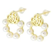 Brass Stud Earring, real gold plated, for woman & with plastic pearl, gold, 13.50x16x16mm, Sold By Pair