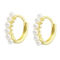 Brass Huggie Hoop Earring, real gold plated, for woman & with plastic pearl, gold, 3.50x14x15mm, Sold By Pair