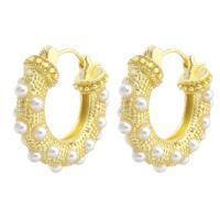 Brass Huggie Hoop Earring, real gold plated, for woman & with plastic pearl, gold, 7.50x22.50x25mm, Sold By Pair