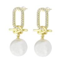 Brass Drop Earring with Plastic Pearl real gold plated fashion jewelry & for woman gold 34mm Sold By Pair