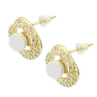 Boucles d'oreilles en laiton zircon cubique pavent, Plaqué d'or, pavé de micro zircon & pour femme & avec les perles en plastique, Or, 14x14x18mm, Vendu par paire