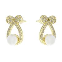Cubic Zirconia Micro Pave Brass Earring, real gold plated, micro pave cubic zirconia & for woman & with plastic pearl, gold, 10x16x19mm, Sold By Pair