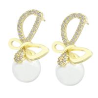 Cubic Zirconia Micro Pave Brass Earring, real gold plated, micro pave cubic zirconia & for woman & with plastic pearl, gold, 18.50x30x17mm, Sold By Pair