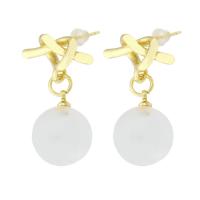 Boucles d'oreilles pendantes en laiton, avec perle de plastique, Plaqué d'or, bijoux de mode & pour femme, Or, 27mm, Vendu par paire