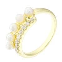 Cúbicos Circonia Micro Pave anillo de latón, metal, chapado en oro real, Ajustable & micro arcilla de zirconia cúbica & para mujer & con perla de plástico, dorado, tamaño:8, Vendido por UD