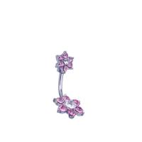 Edelstahl -Bauch-Ring, Zinklegierung, mit 316 L Edelstahl, Blume, mit Strass, Rosa, 12x29mm, 50PCs/Menge, verkauft von Menge