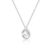 Cubic Zircon Micro Pave 925 Sterling Silver Necklace, with Moonstone, with 1.96 inch extender chain, Feather, platinum color plated, micro pave cubic zirconia & for woman & hollow, Length:Approx 15.75 Inch, Sold By PC