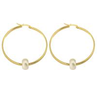 Stainless Steel Hoop Earring 316 Stainless Steel with ABS Plastic Pearl Round Vacuum Plating 6 pieces & fashion jewelry & for woman golden 55mm Sold By Set