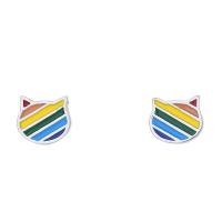 925 Sterling Silver Stud Earrings, Cat, platinum plated, for woman & enamel, multi-colored, 5.36mm, Sold By Pair