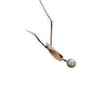 Titanium Steel Necklace, with Plastic Pearl, with 1.96inch extender chain, Wing Shape, real rose gold plated, wave chain & for woman, 7x37.40mm, Length:Approx 15.7 Inch, Sold By PC