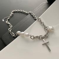 Titanium Steel Necklace, with Plastic Pearl, with 1.96inch extender chain, Cross, fashion jewelry & for woman, original color, 12.80x27mm, Length:Approx 16.5 Inch, Sold By PC