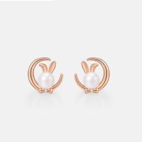Cubic Zirconia Micro Pave Sterling Silver Earring 925 Sterling Silver with Plastic Pearl Rabbit rose gold color plated micro pave cubic zirconia & for woman Sold By Pair