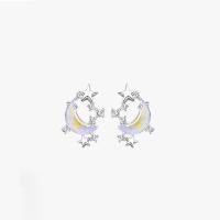 925 Sterling Silver Stud Earrings, with Lampwork, Moon and Star, platinum color plated, for woman, 13x17mm, Sold By Pair