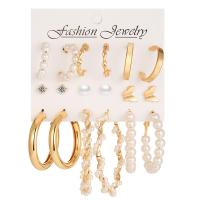 aleación de zinc Aretes, con Perlas plásticas, nueve piezas & Joyería & para mujer & con diamantes de imitación, dorado, libre de níquel, plomo & cadmio, Vendido por Set