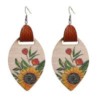 Wood Earring, with PU Leather & Iron, fashion jewelry & for woman, more colors for choice, 100mm, Sold By Pair