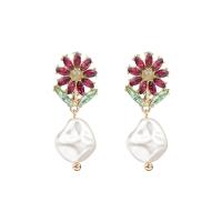 Zinc Alloy Drop Earrings with Plastic Pearl Flower fashion jewelry & for woman & with rhinestone 50mm Sold By Pair