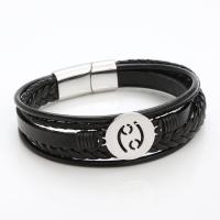 PU Leather Cord Bracelets, with 316L Stainless Steel, 12 Signs of the Zodiac, polished, Different Shape for Choice & fashion jewelry & for man, black, Length:21.5 cm, Sold By PC