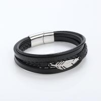 Bracelets cordon PU, cuir PU, avec acier inoxydable 316L, forme de plume, poli, bijoux de mode & multicouche & pour homme, noire, Longueur:21.5 cm, Vendu par PC